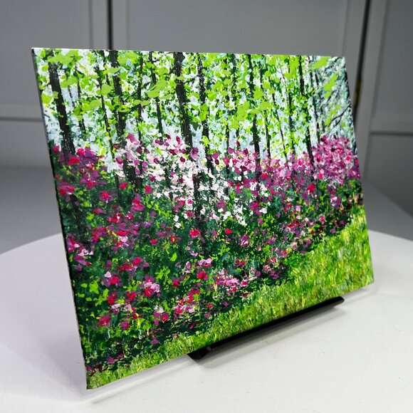 Flower Falls Vibrant Forest & Floral Design Acrylic Painting Unframed 6" x 8" - Picture 3 of 6